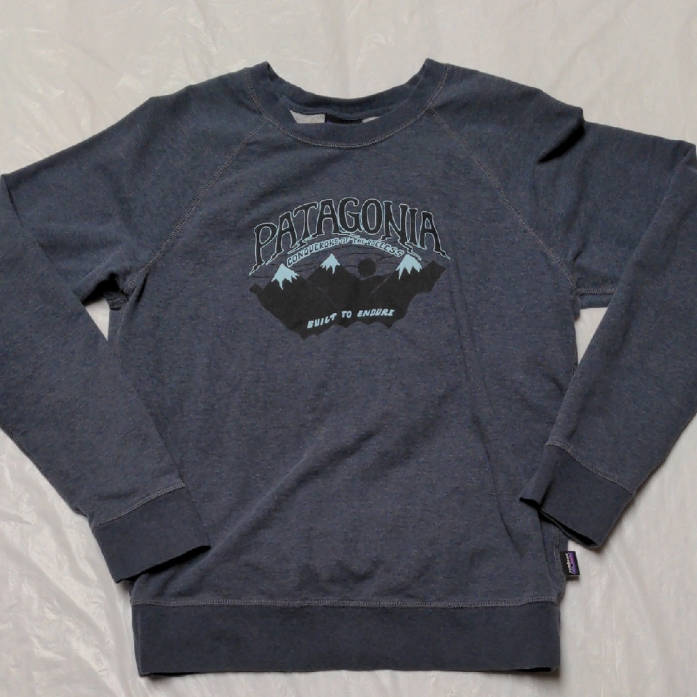 Patagonia Conquers Of The Useless Organic Cotton Crewneck Sweatshirt Blue Sz M